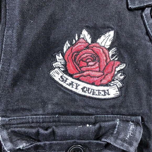 Divided by H&M Black Patch Jean Jacket Sexy Queen Womens Size 14 (22pit2pit,22L) - Picture 6 of 11